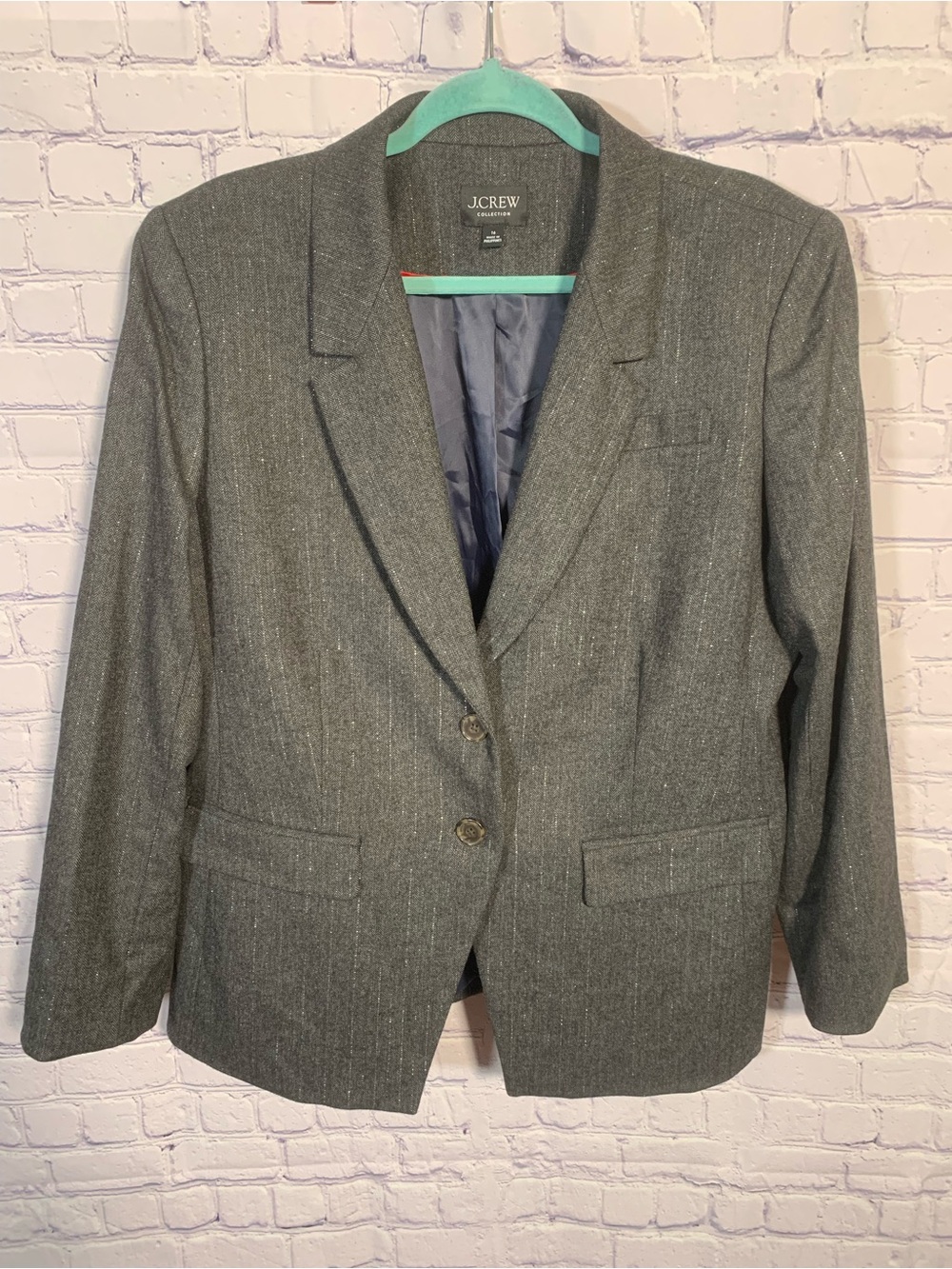 J.Crew Womens Button Front Blazer Metallic Pin Stripe Gray Size 16 Corpcore